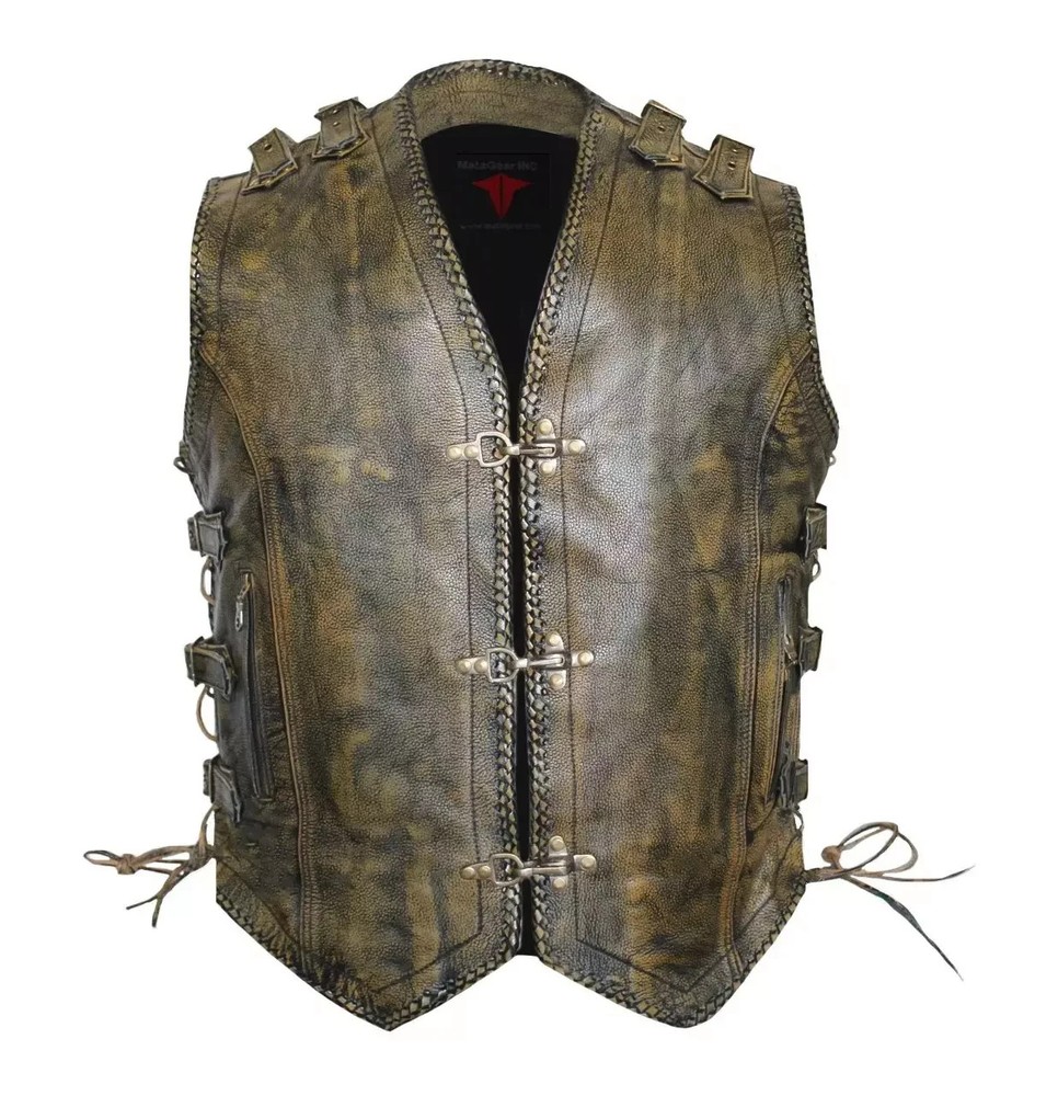 Distressed Brown Leather Motorcycle Vest with Fish Hook Design and Concealed Carry  