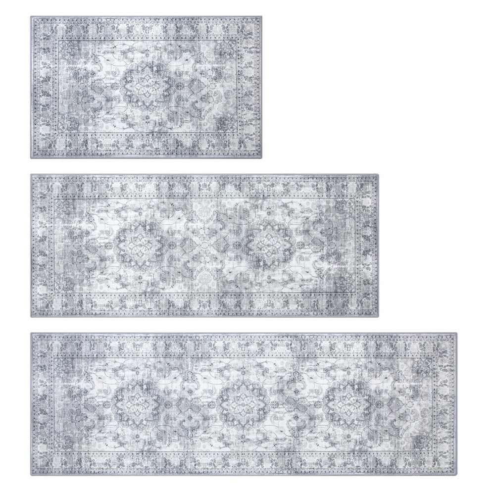 Grey Non-Slip Kitchen Rugs Set of 3 with Runner
