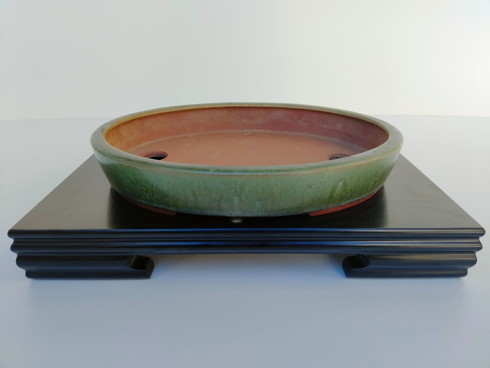 Bonsai Tree Pot Tokoname Yozan Green Glazed Oval Width 34 cm / 13.39 in.