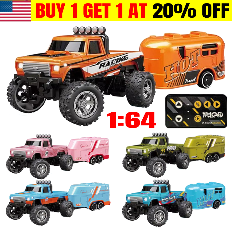 Mini RC Monster Truck USBC Rechargeable Underflow with Trailer,1:64 Scale Alloy