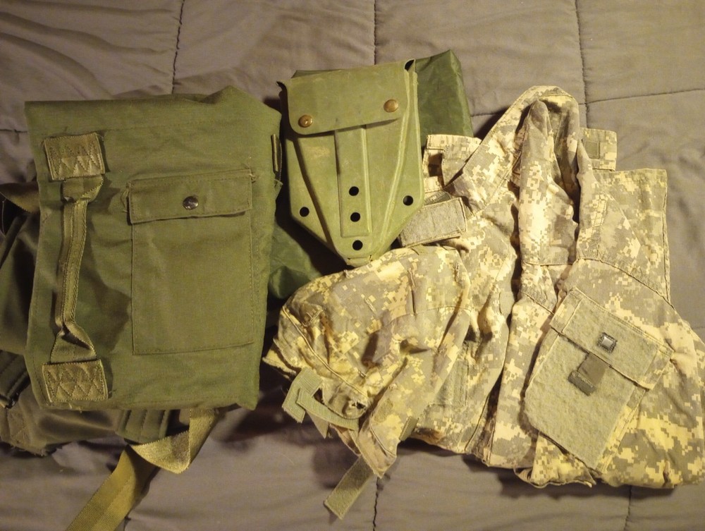 US Military Surplus lot, Jacket Duffels Waterproof Bag Helmet Cover Shovel Cover