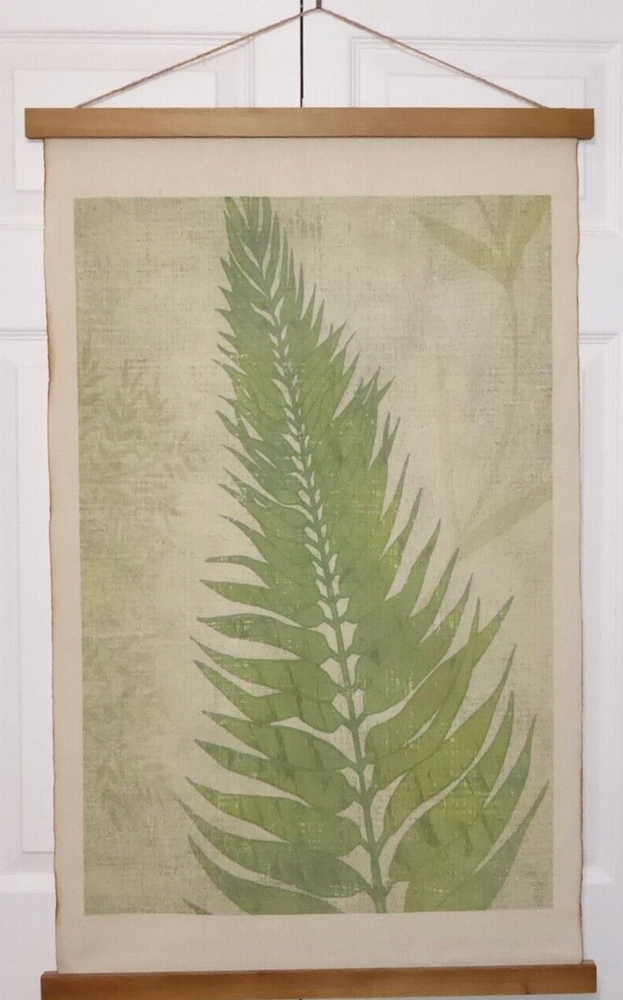 TROPICAL FERN LEAF WALL SCROLL ART TAPESTRY ROPE GREEN BROWN WOOD FRAME 37 X 23