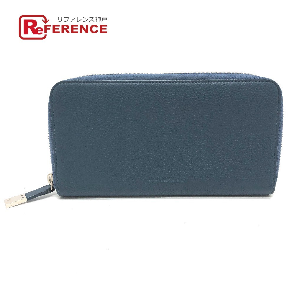 Dior Homme Navy Leather Long Zipper Wallet with Logo Round Y0723 Pre-Owned