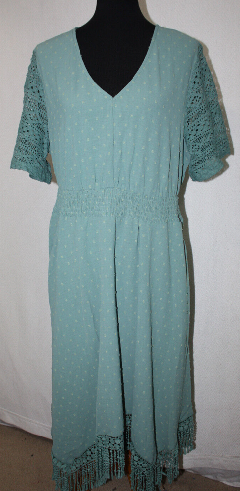NWT Bloomchic Sz 12 Mint Green Shirred Pocket Dress Lace Short Sleeve Fringe Hem