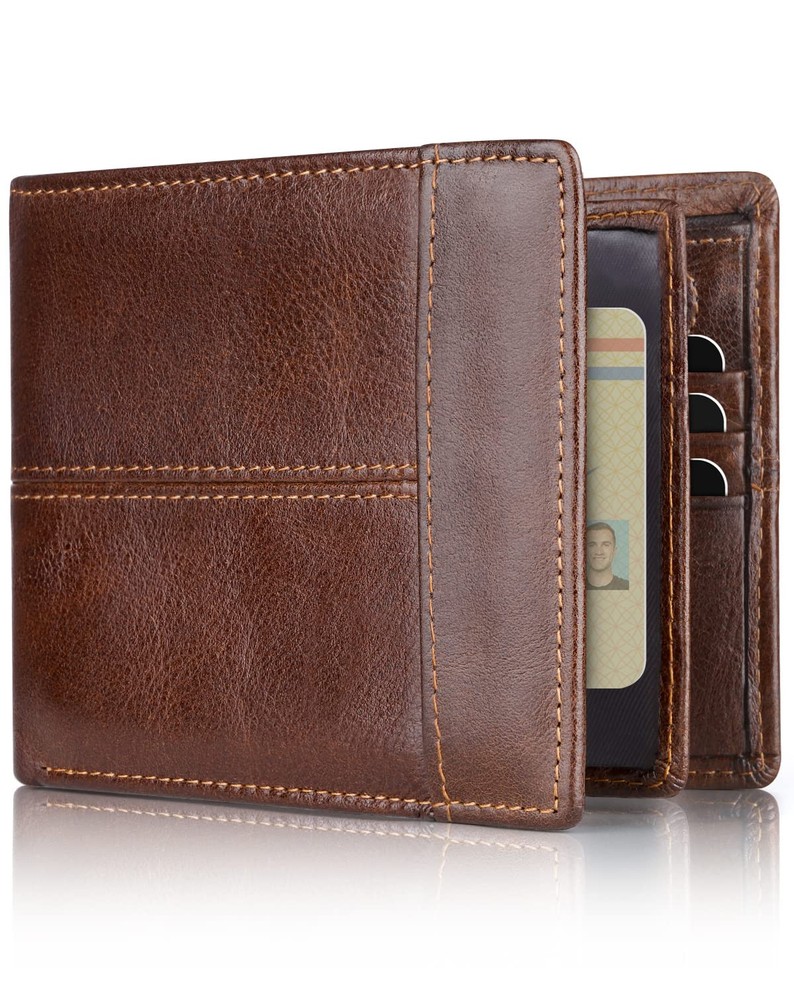 RFID Blocking Leather Bifold Wallet for Men with ID Window and Card Slots