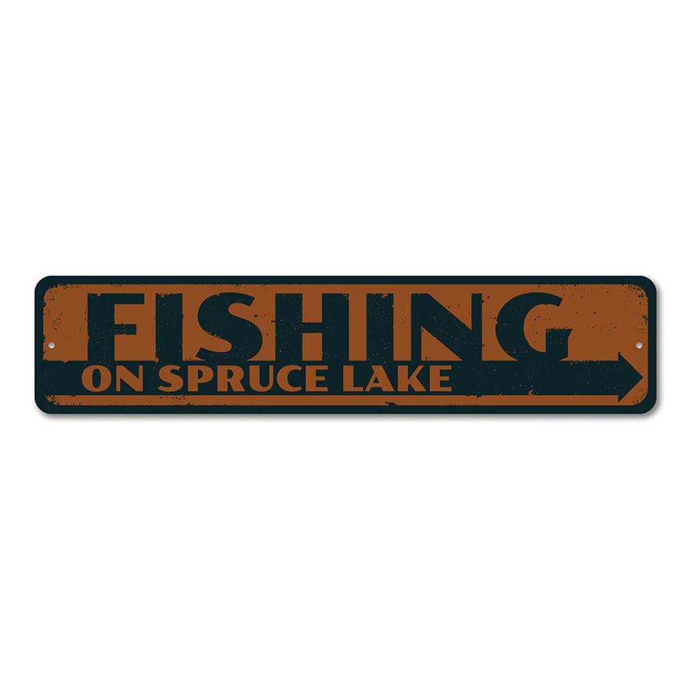 Fishing Sign, Personalized Lake Name Directional Arrow Aluminum Metal Decor Sign