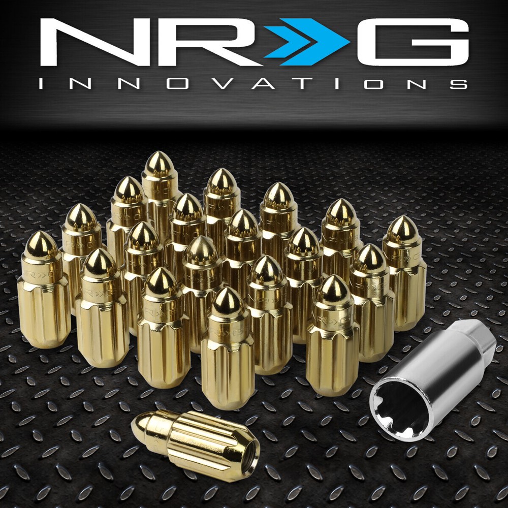 20X NRG GOLD M12X1.25 50MM STEEL BULLET SHAPED END RIM LUG NUTS+WHEEL LOCK KEY