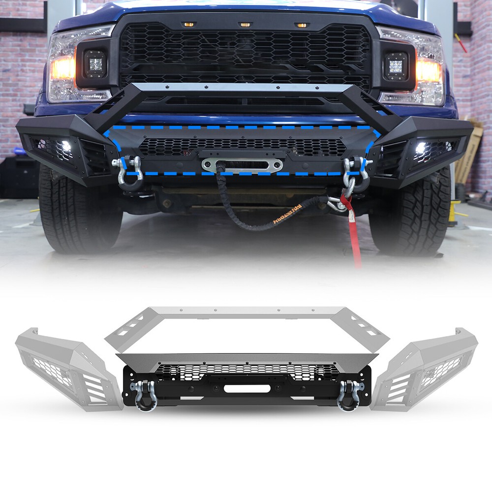 Black Front Bumper For 2018-2020 Ford F150 Heavy Steel w/LED Pod Lights