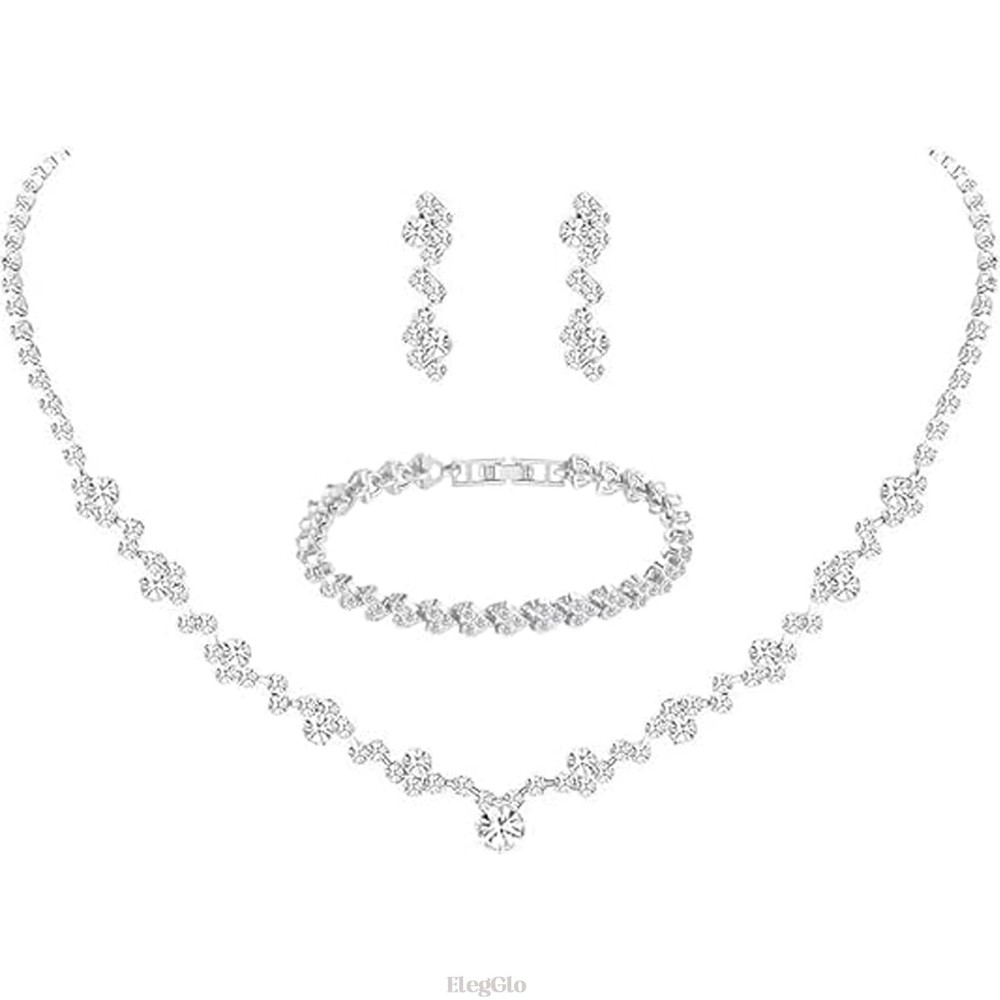 Sparkling Silver Crystal Bridal Jewelry Set with Teardrop Dangle Earrings & Rhinestone Necklace