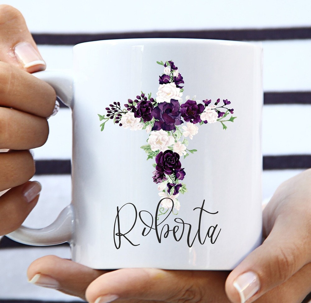 Custom Christian Cross Mug with Personalized Floral Name Design-image