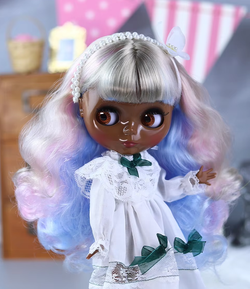 Blythe Doll with White Dress Shoes Super Black Skin 4 Colors Eyes BJD Toy Puppet