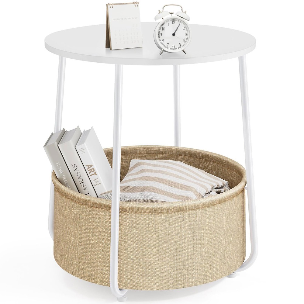 Side Table, Round End Table with Fabric Basket and Steel Frame, Small Nightst...