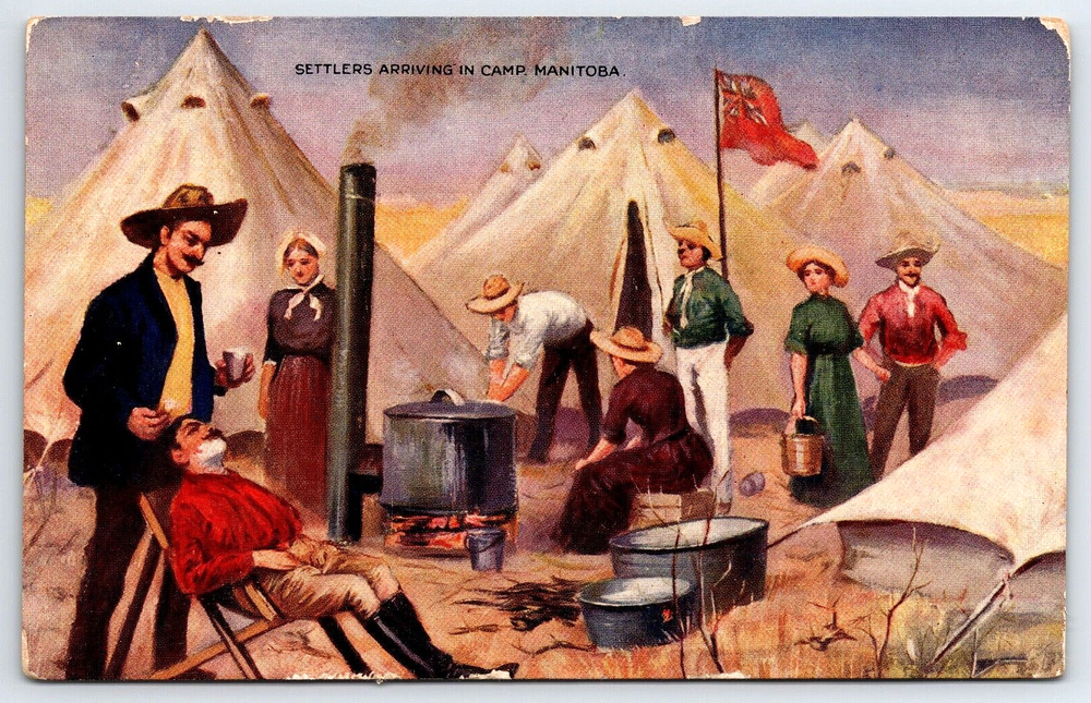 Original Old Vintage Antique Postcard Settlers Arriving In Camp Manitoba Canada