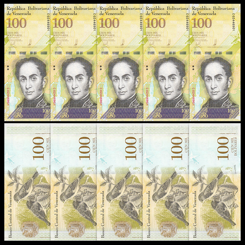 Lot 5 PCS, Venezuela 100000 100,000 Bolivares, 2017, Random Date, P-100, UNC