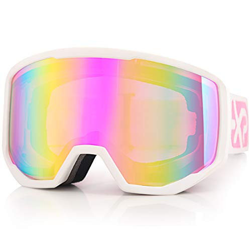 Ski Goggles for Men & Women OTG Anti-Fog UV Protection A-White Frame Pink for Snowboarding & Outdoor Sports