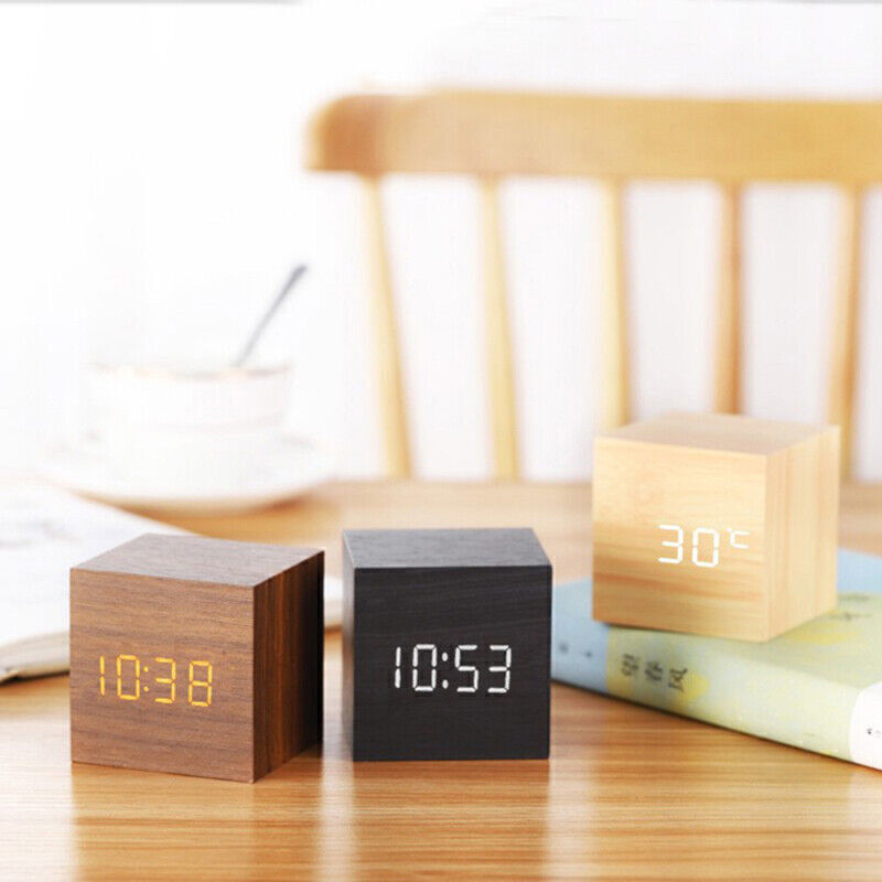 Smart LED Wooden Alarm Clock with Thermometer & Voice Control