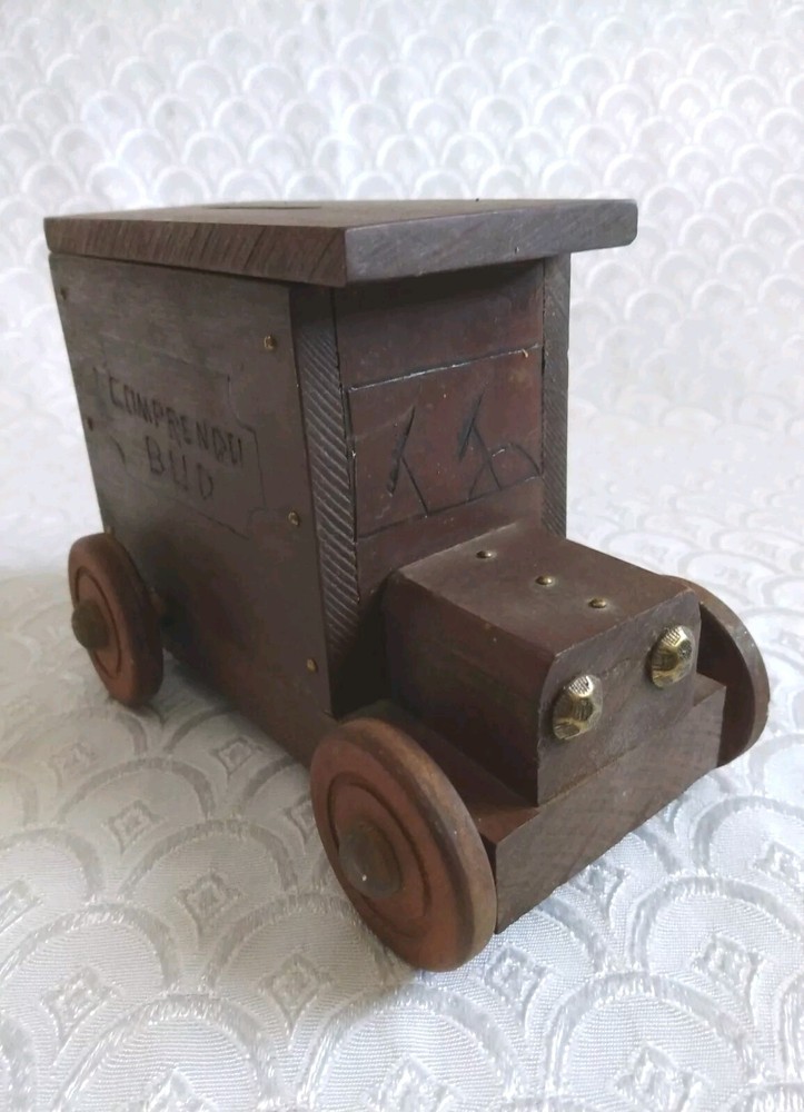 Vintage COMPRENDO BUD Wooden Bank Mail Truck Toy Handcrafted Carved And Rolls