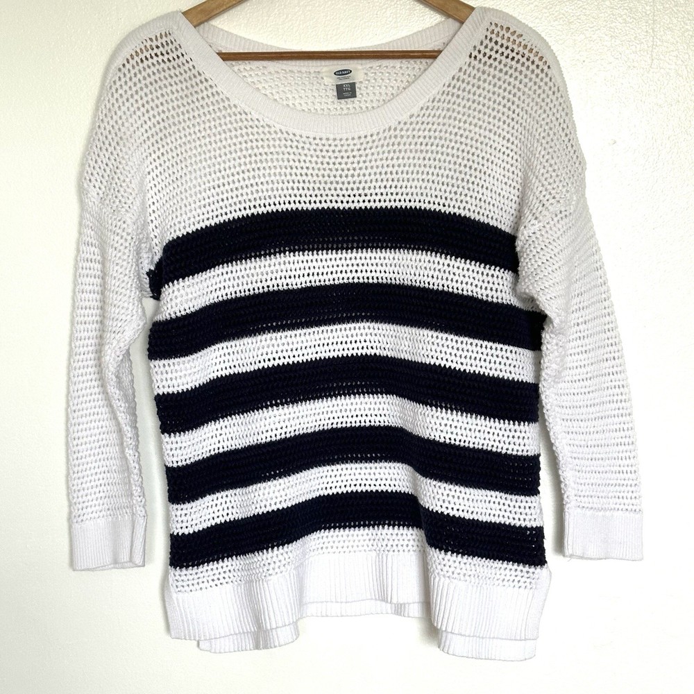 Old Navy Womens Sweater XXL Blue White Striped Cotton Open Cable Knit 3/4 Sleeve