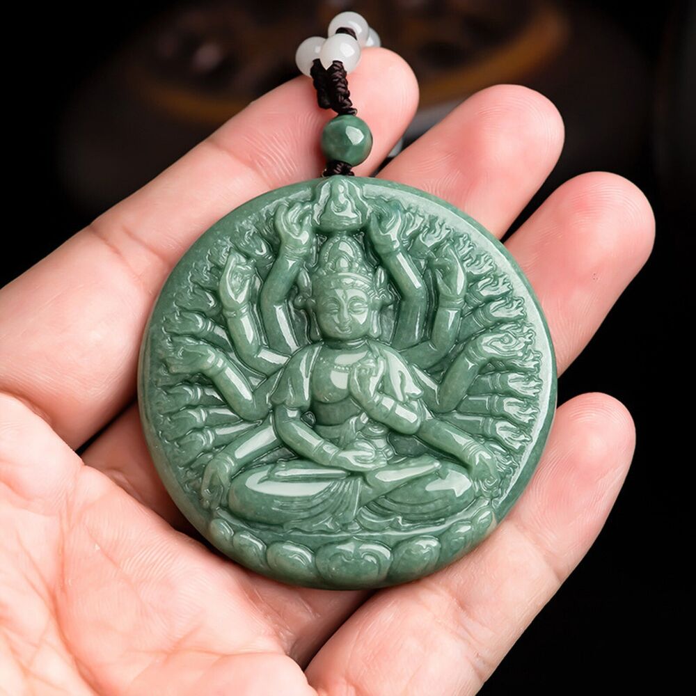 Guanyin Buddha Round Pendant Natural Grade A Jadeite Green Thousand-Handed
