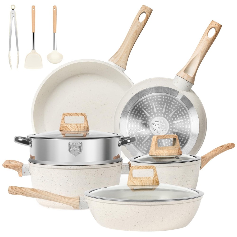 12-Piece Nonstick White Granite Pots and Pans Set for Induction Cooking