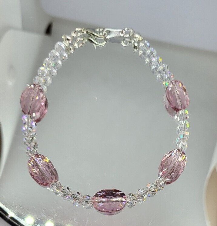 Handmade w/ Swarovski Crystal Light Rose Oval & Round Beaded Anklet; Custom Size