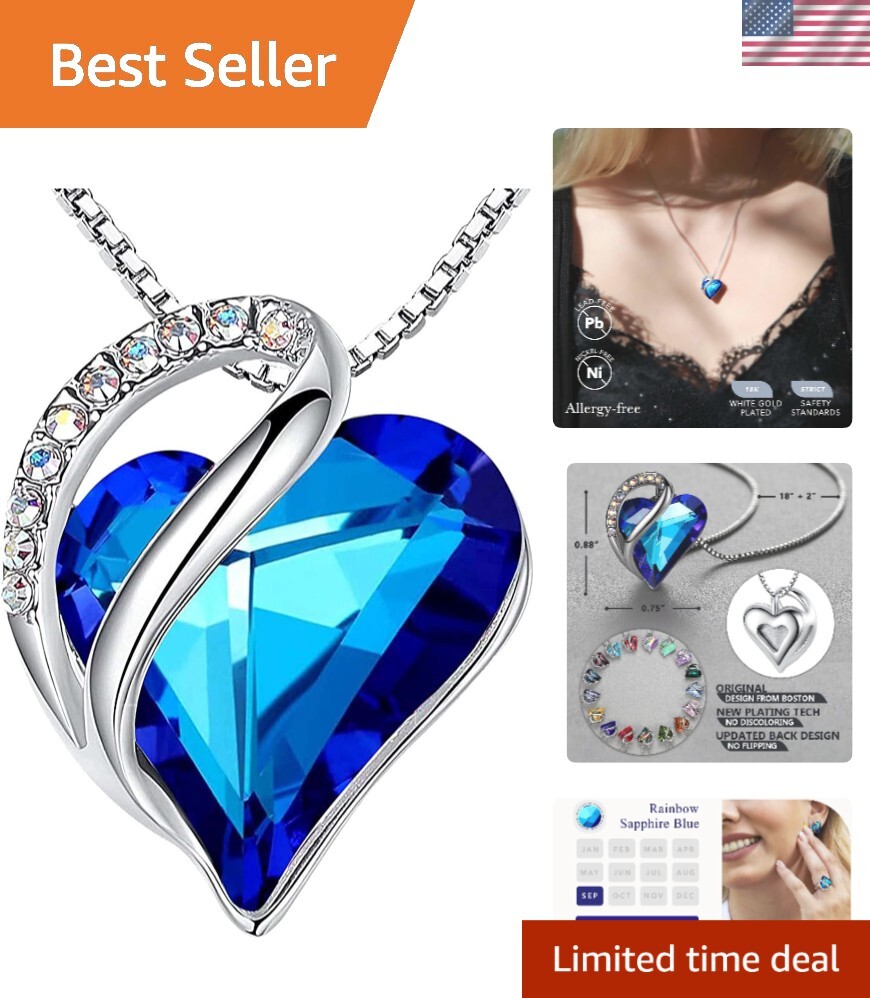 Stunning Blue Birthstone Heart Pendant Necklace - Perfect Gift for Mom & Wife