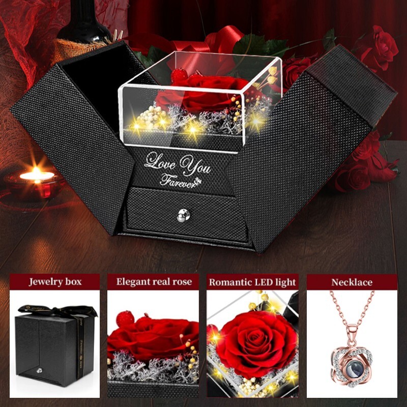 US Real Preserved Red Rose with Necklace Auto LED Light Mother's Day Gift