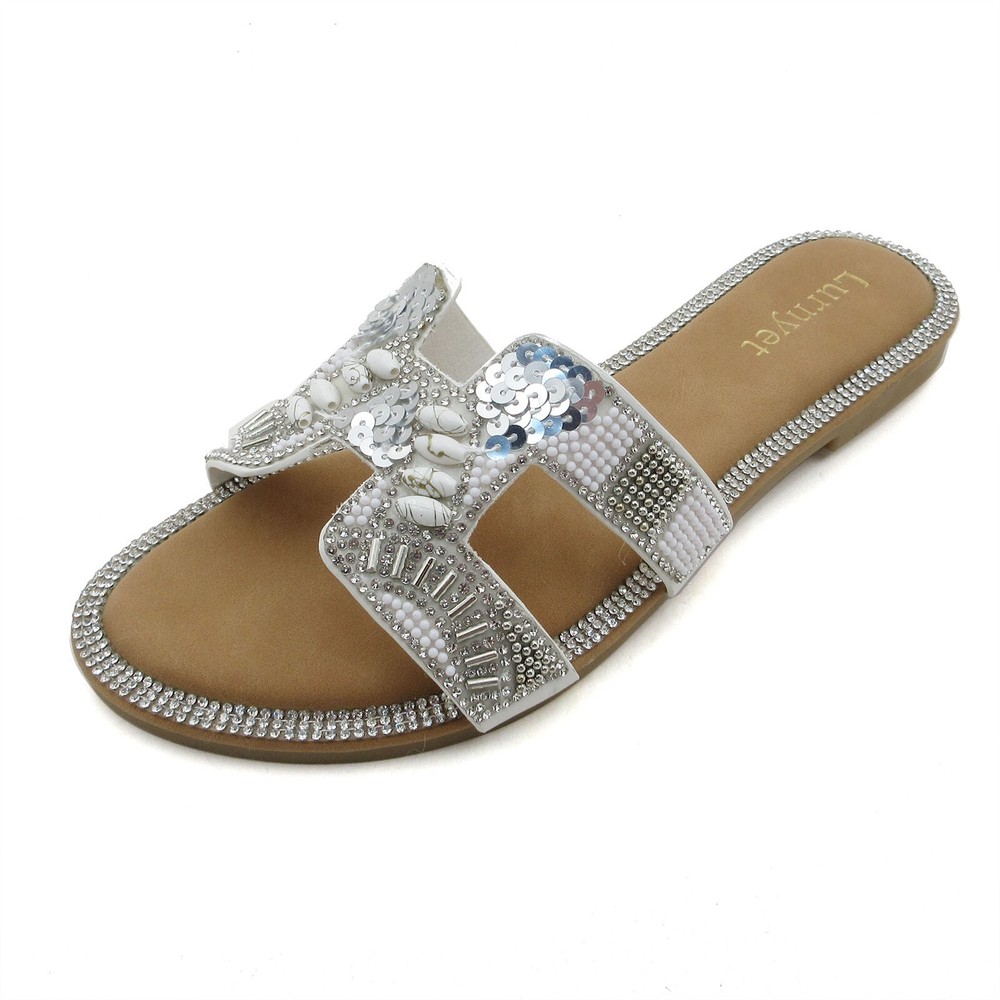 Women's Beaded Sequin Rhinestone Sandals Summer Flat Slides Slippers