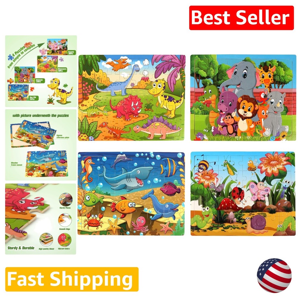 4-Pack Educational Learning Puzzles for Kids 3-5 - Safe Wooden Toys Gift Set