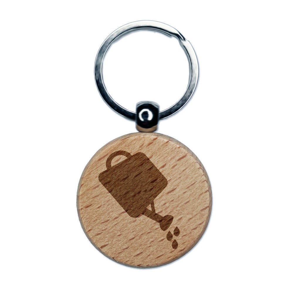 Watering Can Gardening Plants Solid Engraved Wood Round Keychain Tag Charm