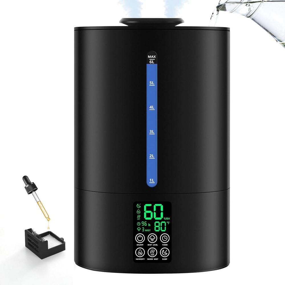 6L Cool and Warm Humidifier for Large Bedrooms and Homes in A-Black