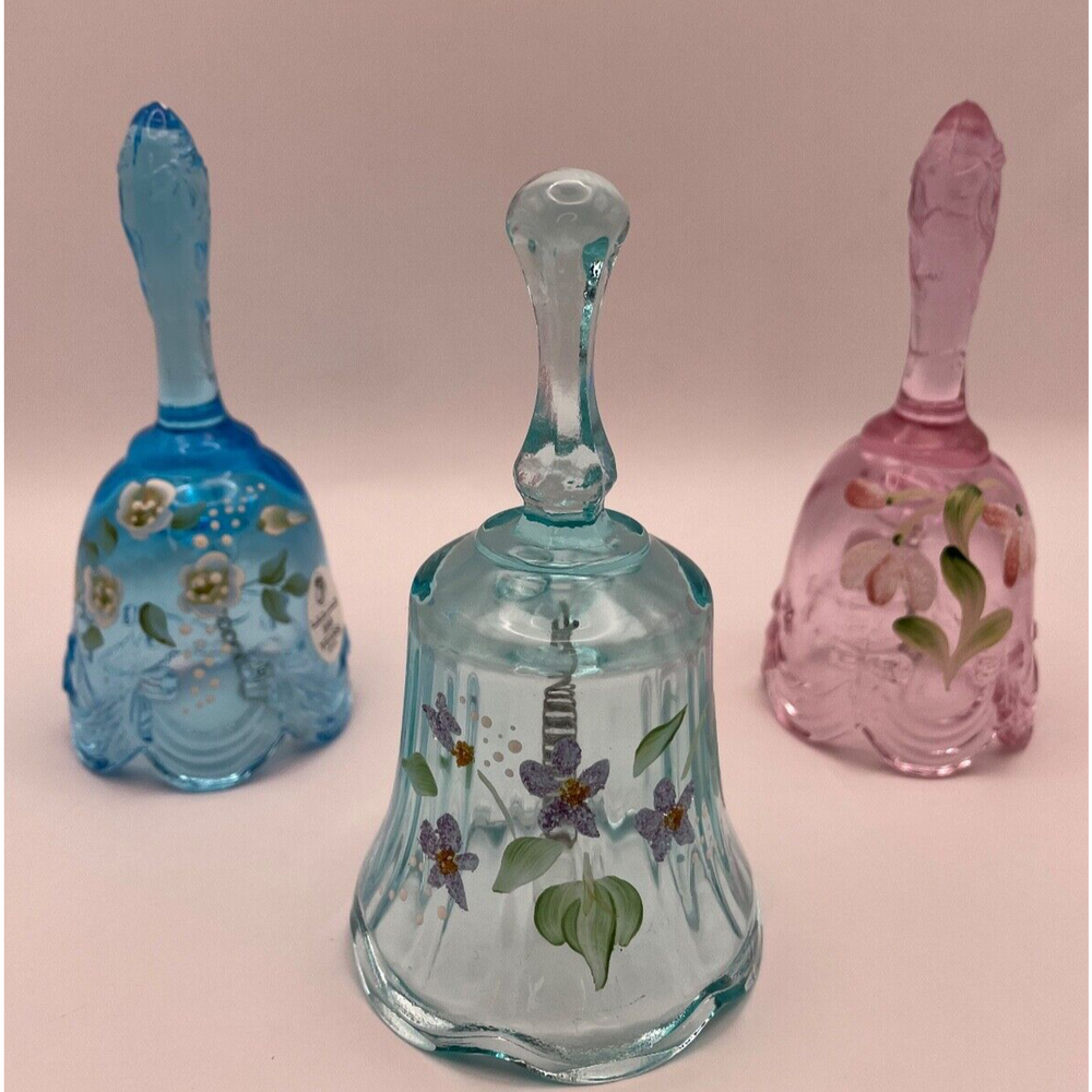 Vintage Hand Painted Fenton Anniversary Bells Floral Bows & Drapes Signed Set 3