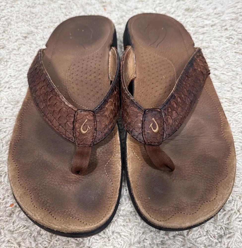 Olukai Kamano Leather Thong Sandals for Men Size 13 Brown Boat Beach Pool Flip Flops
