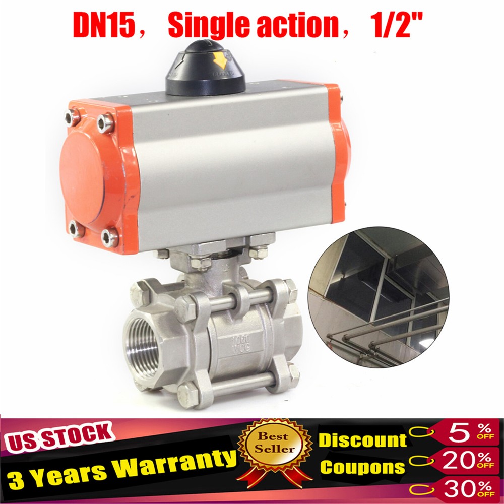 1/2 Inch 3-Piece Single-Acting Pneumatic Ball Valve Stainless Steel USA
