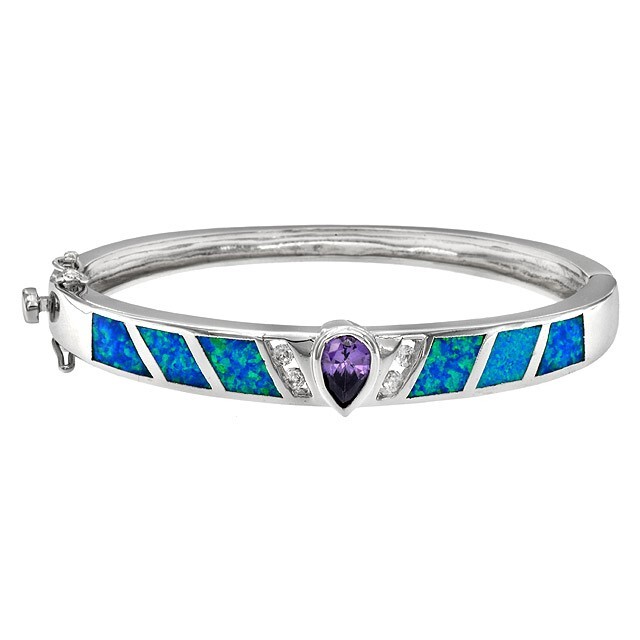 2CT Amethyst & Australian Opal Inlay 925 Sterling Silver Bangle Bracelet OB5