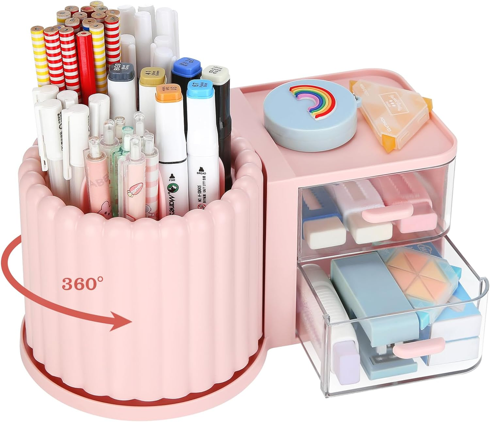 Rotating Office Desk Organizers and Accessories with 2 Drawer, Pencil Pen Marker