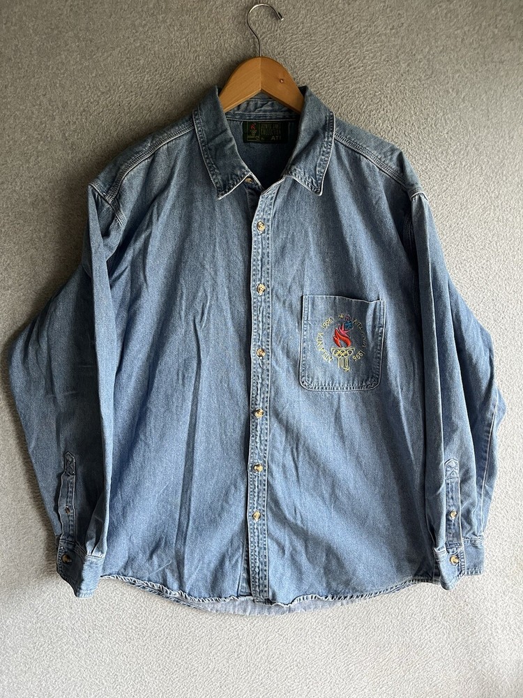 Vintage 1996 Atlanta Olympics Denim Shirt Men's Large Blue Cotton Long Sleeve