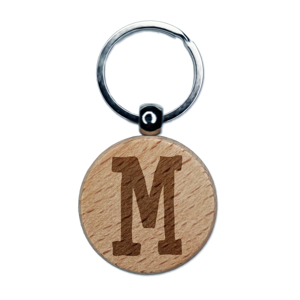 Letter M Uppercase Cute Typewriter Font Engraved Wood Round Keychain Tag Charm