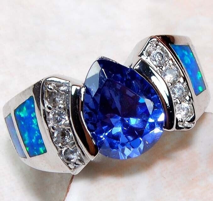 2CT Treated Sapphire & Australian Opal Inlay Sterling Silver Ring Size 9 BA4