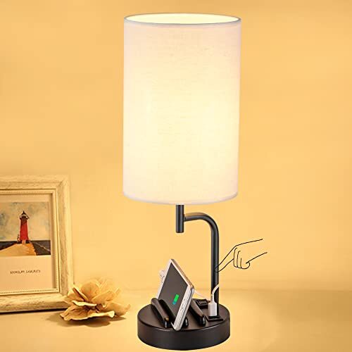 Touch Control USB Table Lamp, Upgraded 3-Way Dimmable Linen shade+Black base
