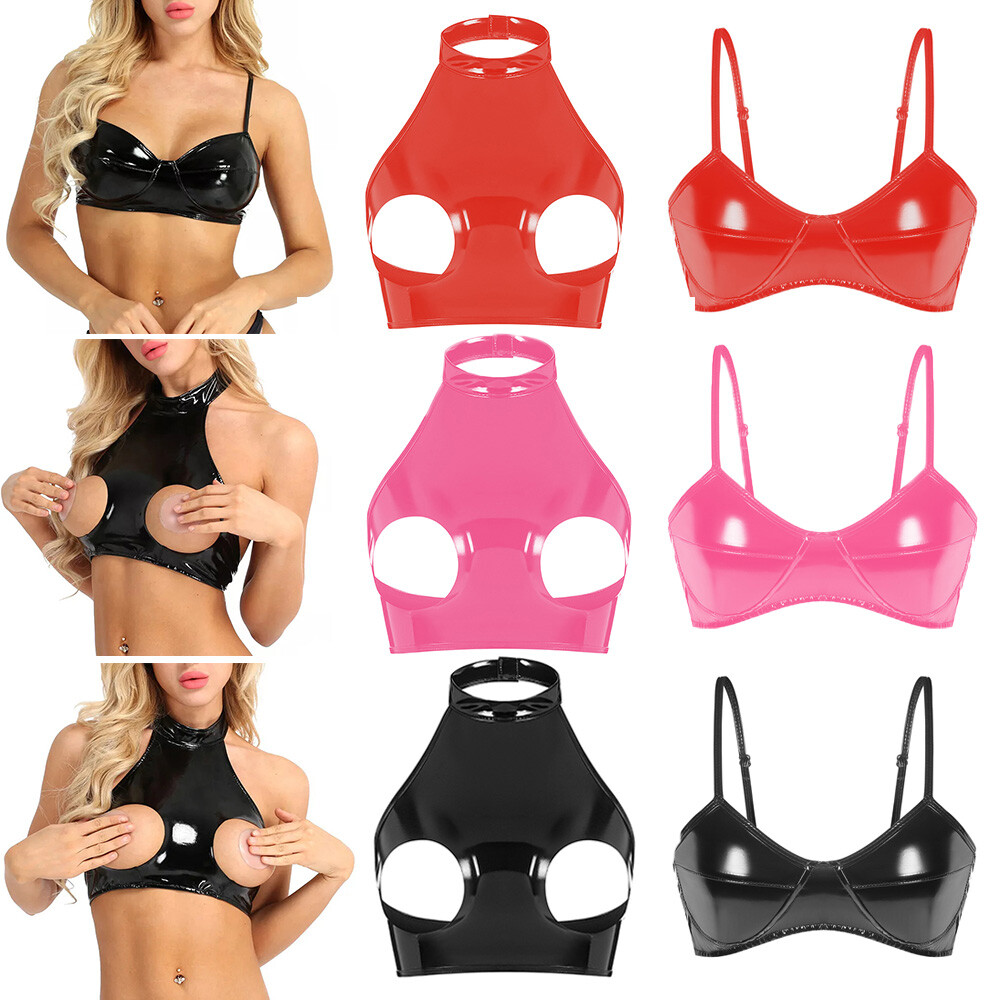 Women's PVC Leather Bra Tops Bustier Cut out Cup Bralette Clubwear Lingerie US