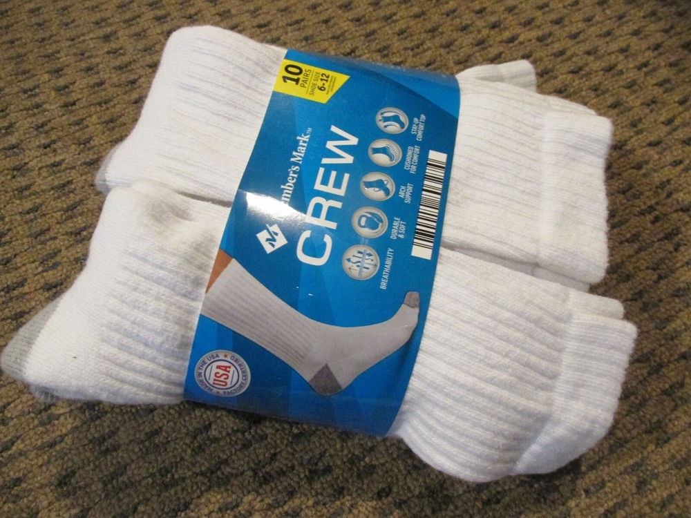 Member's Mark Men's 8-Pack Cotton Crew Socks Sizes 6-12 White USA Made