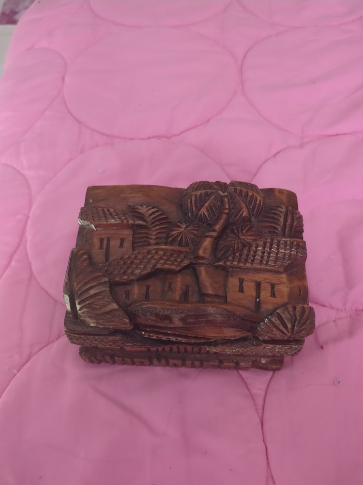 Vintage Hand Carved Wood Trinket Box Honduras House Trees Village Hinged Box
