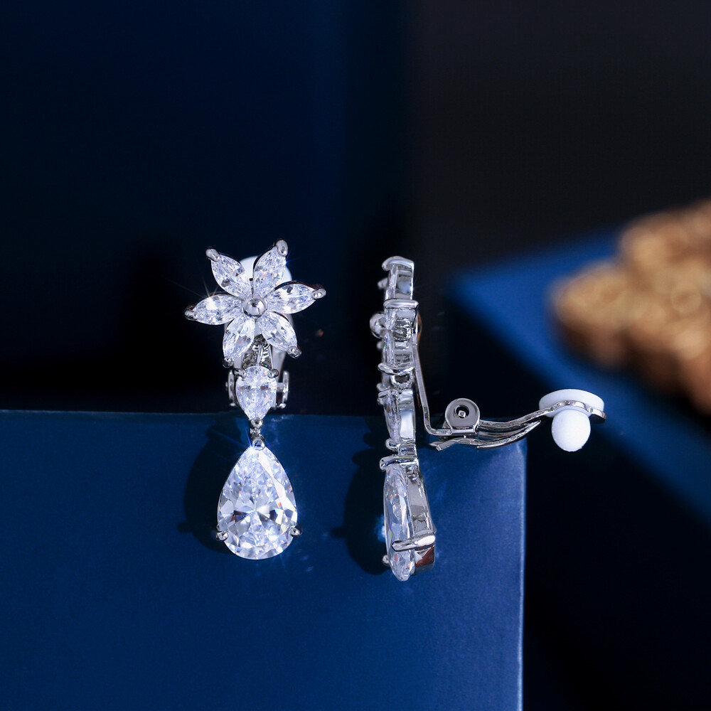 CZ Floral Drop Clip-On Earrings for Weddings Brides Non-Pierced Elegant Jewelry