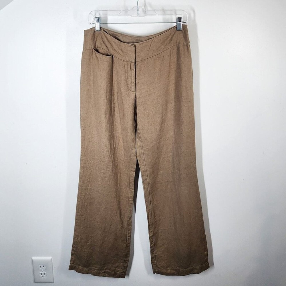 Eileen Fisher Khaki Wide Leg Business Casual Pants Size 6 100% Linen Summer Work