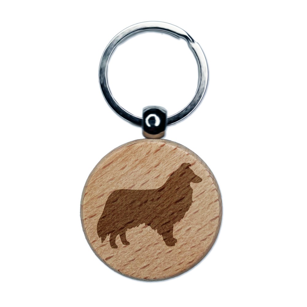 Rough Collie Dog Solid Engraved Wood Round Keychain Tag Charm