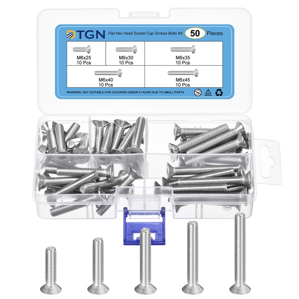 50Pcs M6 x 25mm /30mm /35mm /40mm/ 45mm Flat Hex Head Socket Cap Screws Kit