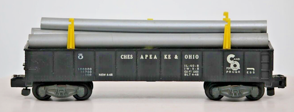 Vintage American Flyer GILBERT No.911 C&O S Gauge Gondola with Silver Pipe Load