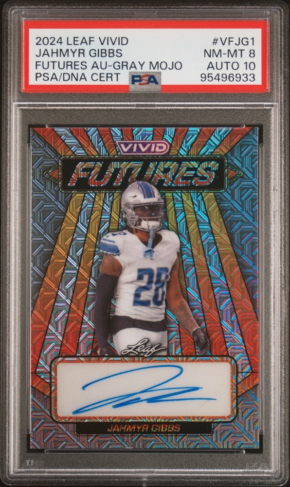 2024 Leaf Vivid Football Jahmyr Gibbs Gray Futures Mojo Auto 5/9 PSA 8 Auto 10