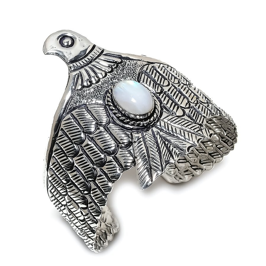 Eagle- Rainbow Moonstone Gemstone Handmade Cuff Jewelry Bangle Adjustable KC-128
